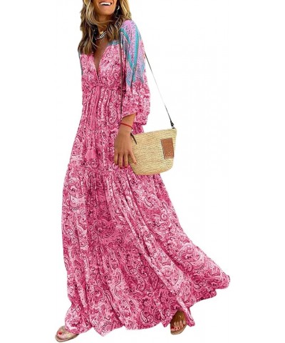 Women Casual 3/4 Sleeve V Neck Floral Boho Maxi Dress, S-XL 5 Rose $18.90 Dresses