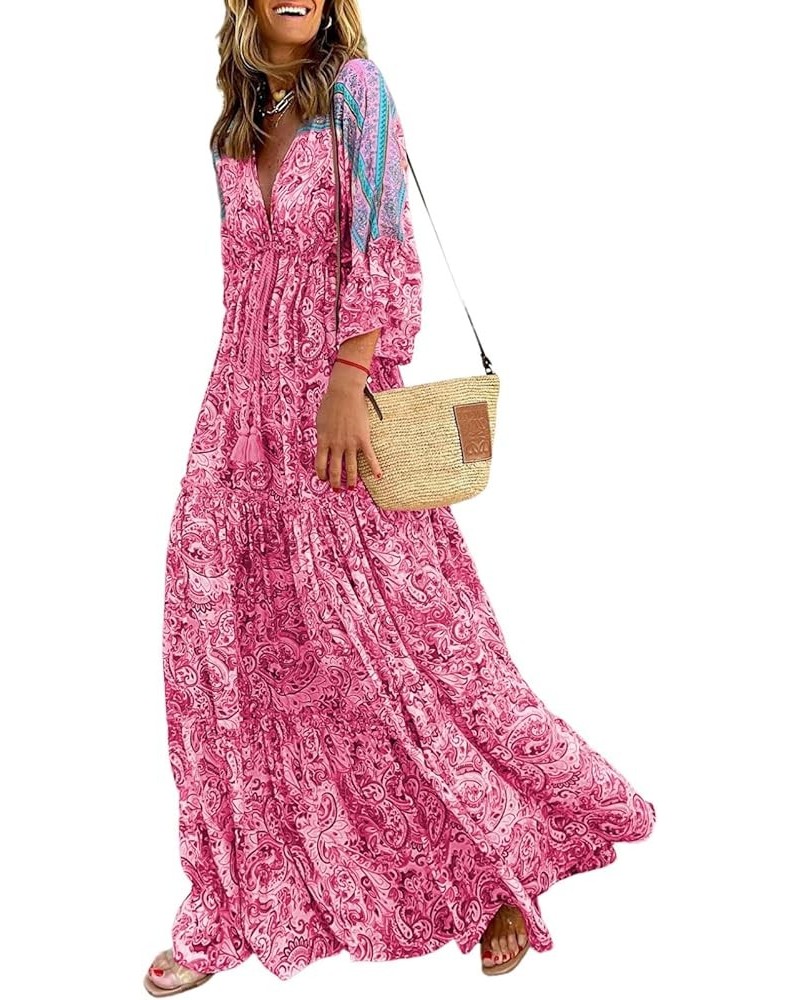 Women Casual 3/4 Sleeve V Neck Floral Boho Maxi Dress, S-XL 5 Rose $18.90 Dresses