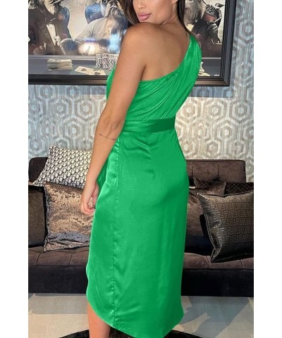 Women's 2024 Summer Ruched Bodycon Dress Sleeveless One Shoulder Wrap Satin Belted Cocktail Midi Dress Grass Green $22.87 Dre...