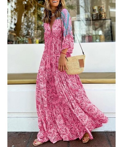 Women Casual 3/4 Sleeve V Neck Floral Boho Maxi Dress, S-XL 5 Rose $18.90 Dresses