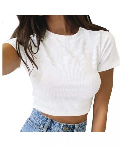 Women's Short Sleeve Knit Ribbed Crop Top Teen Basic Tee Shirts White $13.19 T-Shirts