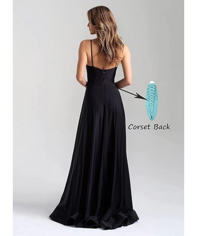 Women Deep V-Neck A-line Satin Side Slit Prom Dress Long Spaghetti Strap Ruched Formal Bridesmaid Gown Rose Gold $43.19 Dresses