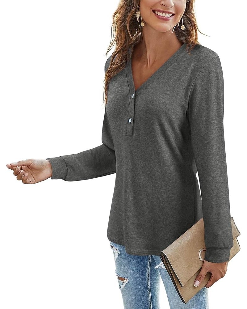 Women's V Neck Long Sleeve Shirts Button Down Tunic Blouses Fall Basic Tops Tee 2023 B-dark Gray-102 $14.03 Tops