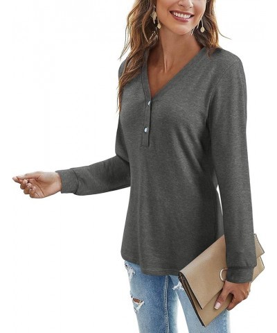 Women's V Neck Long Sleeve Shirts Button Down Tunic Blouses Fall Basic Tops Tee 2023 B-dark Gray-102 $14.03 Tops