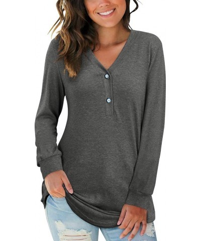 Women's V Neck Long Sleeve Shirts Button Down Tunic Blouses Fall Basic Tops Tee 2023 B-dark Gray-102 $14.03 Tops