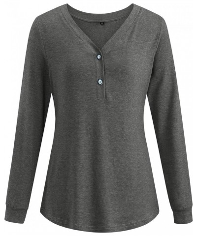 Women's V Neck Long Sleeve Shirts Button Down Tunic Blouses Fall Basic Tops Tee 2023 B-dark Gray-102 $14.03 Tops