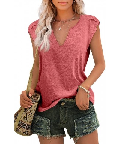 Womens Summer Tops Casual V Neck Tee T-Shirts Petal Sleeve Loose Solid Color Shirt Red1 $7.50 Tanks