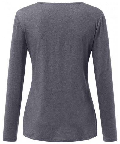 Long Sleeve Tops for Women,Spring Casual Button Trim Zipper Tops Shirts Trendy Long Sleeve V-Neck Blouse Tees Tunic D-dark Gr...