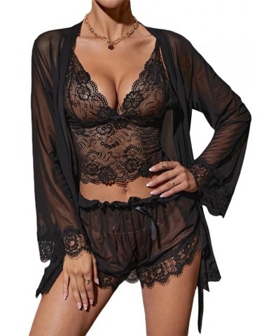 Women's 3 Piece Sleepwear Floral Lace Lingerie Cami Pajama Set with Robe Black $17.66 Sleep & Lounge