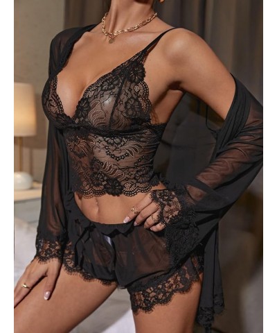 Women's 3 Piece Sleepwear Floral Lace Lingerie Cami Pajama Set with Robe Black $17.66 Sleep & Lounge