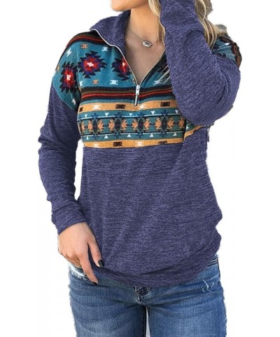 Women's Half Zip Sweatshirt Casual Aztec Print Long Sleeve Pullover Top with Pocket Navy $14.50 Hoodies & Sweatshirts