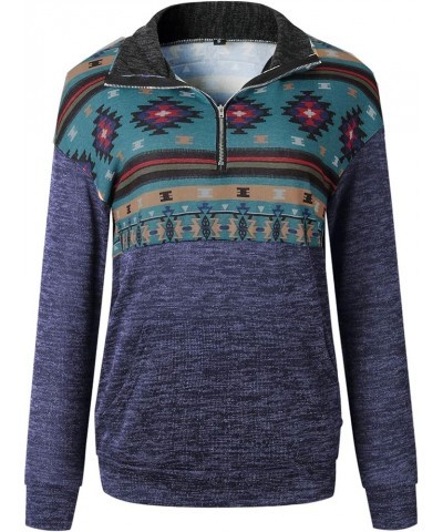 Women's Half Zip Sweatshirt Casual Aztec Print Long Sleeve Pullover Top with Pocket Navy $14.50 Hoodies & Sweatshirts