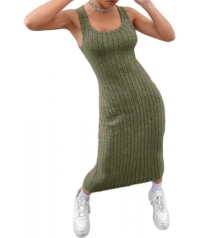 Women's Casual Sleeveless Scoop Neck Tank Dress Solid Ribbed Knit Bodycon Long Dresses Army Green $10.78 Dresses