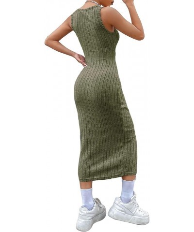 Women's Casual Sleeveless Scoop Neck Tank Dress Solid Ribbed Knit Bodycon Long Dresses Army Green $10.78 Dresses