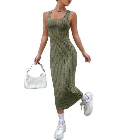 Women's Casual Sleeveless Scoop Neck Tank Dress Solid Ribbed Knit Bodycon Long Dresses Army Green $10.78 Dresses