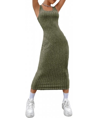 Women's Casual Sleeveless Scoop Neck Tank Dress Solid Ribbed Knit Bodycon Long Dresses Army Green $10.78 Dresses