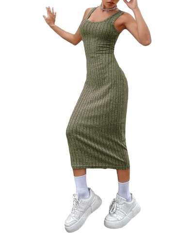 Women's Casual Sleeveless Scoop Neck Tank Dress Solid Ribbed Knit Bodycon Long Dresses Army Green $10.78 Dresses