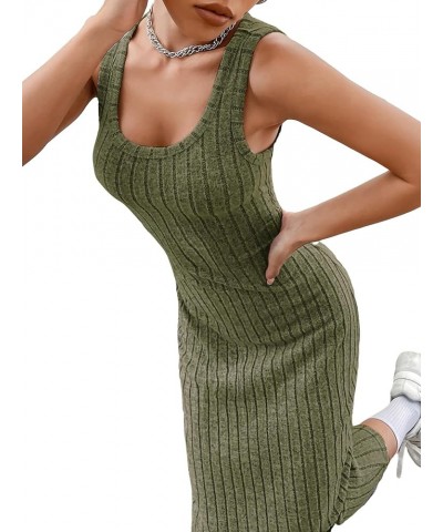 Women's Casual Sleeveless Scoop Neck Tank Dress Solid Ribbed Knit Bodycon Long Dresses Army Green $10.78 Dresses