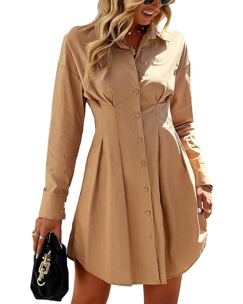 Women's Casual Plain Shirt Dress Long Sleeve Button Down Pleated Mini Dress Khaki $18.06 Dresses