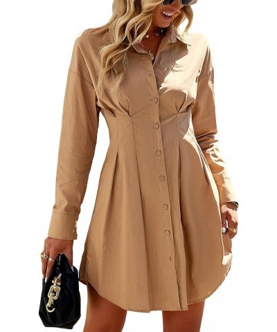 Women's Casual Plain Shirt Dress Long Sleeve Button Down Pleated Mini Dress Khaki $18.06 Dresses