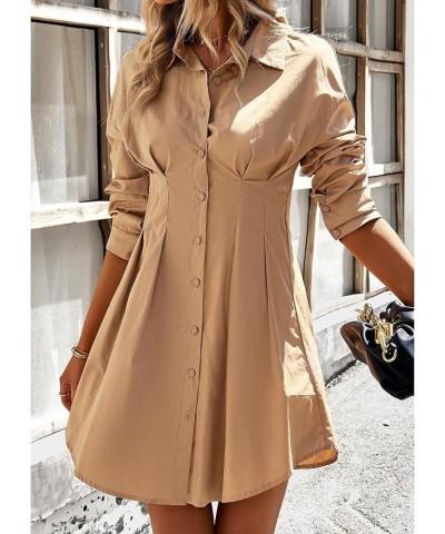 Women's Casual Plain Shirt Dress Long Sleeve Button Down Pleated Mini Dress Khaki $18.06 Dresses