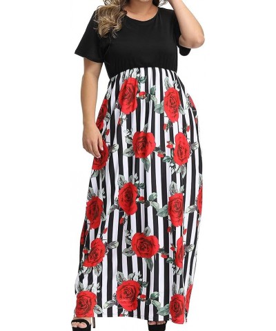 Women Plus Size Dress Summer Boho Short Sleeve Casual Party Beach Maxi Dresses P40 Big Stripe Roses Black $13.76 Dresses