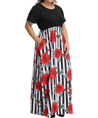 Women Plus Size Dress Summer Boho Short Sleeve Casual Party Beach Maxi Dresses P40 Big Stripe Roses Black $13.76 Dresses