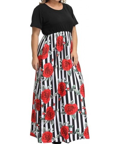 Women Plus Size Dress Summer Boho Short Sleeve Casual Party Beach Maxi Dresses P40 Big Stripe Roses Black $13.76 Dresses