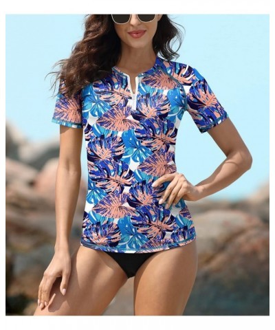 Women UPF 50+ Half Zip Short Sleeve Tropical Rash Guard Shirt Blue | Tropical Leaves $14.28 Swimsuits