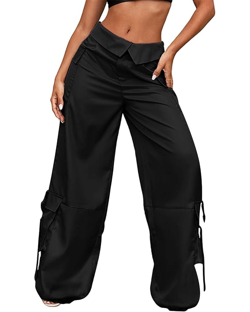 Satin Cargo Pants for Women Lapel Low Waist Y2K Parachute Baggy Pants Casual Straight Pants with Flap Pockets Black $14.55 Pants