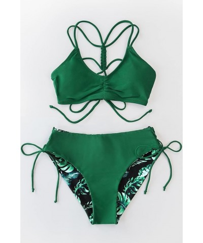 Women's 2 Piece Bikini Set Back Braided Straps with Reversible Bottom Green $21.19 Swimsuits