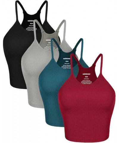 Women's Crop 4 Piece Seamless Ribbed Camisole Strappy Cropped Tank Tops Gray+black+teal+red (Waist Length) $21.41 Tanks