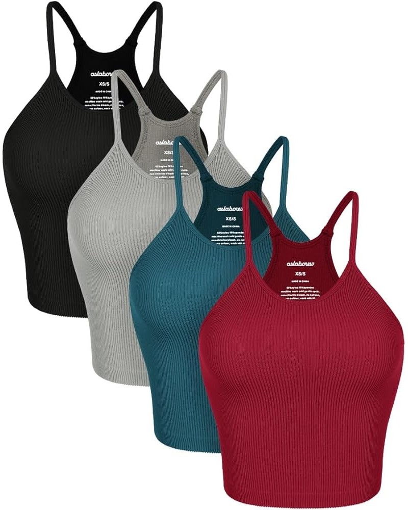 Women's Crop 4 Piece Seamless Ribbed Camisole Strappy Cropped Tank Tops Gray+black+teal+red (Waist Length) $21.41 Tanks