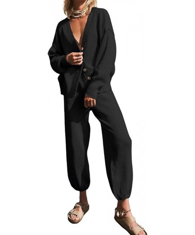 Women's Two Piece Sweater Sets Knit Open Front Cardigan and Wide Leg Pants Fall Lounge Outfits Black $28.99 Activewear