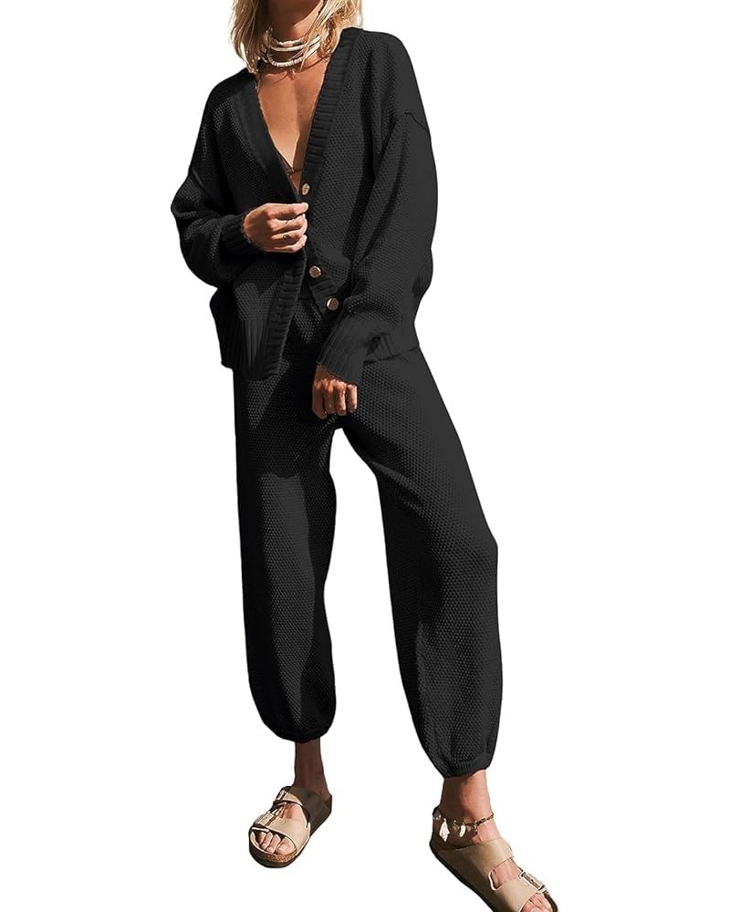 Women's Two Piece Sweater Sets Knit Open Front Cardigan and Wide Leg Pants Fall Lounge Outfits Black $28.99 Activewear