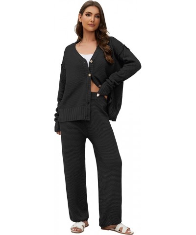 Women's Two Piece Sweater Sets Knit Open Front Cardigan and Wide Leg Pants Fall Lounge Outfits Black $28.99 Activewear