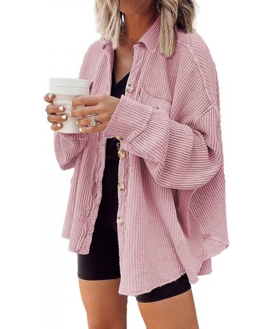 Womens Waffle Knit Shacket Oversized Button Down Shirt Jacket Lightweight Long Sleeve Tops with Pockets Dusty Pink $16.81 Jac...