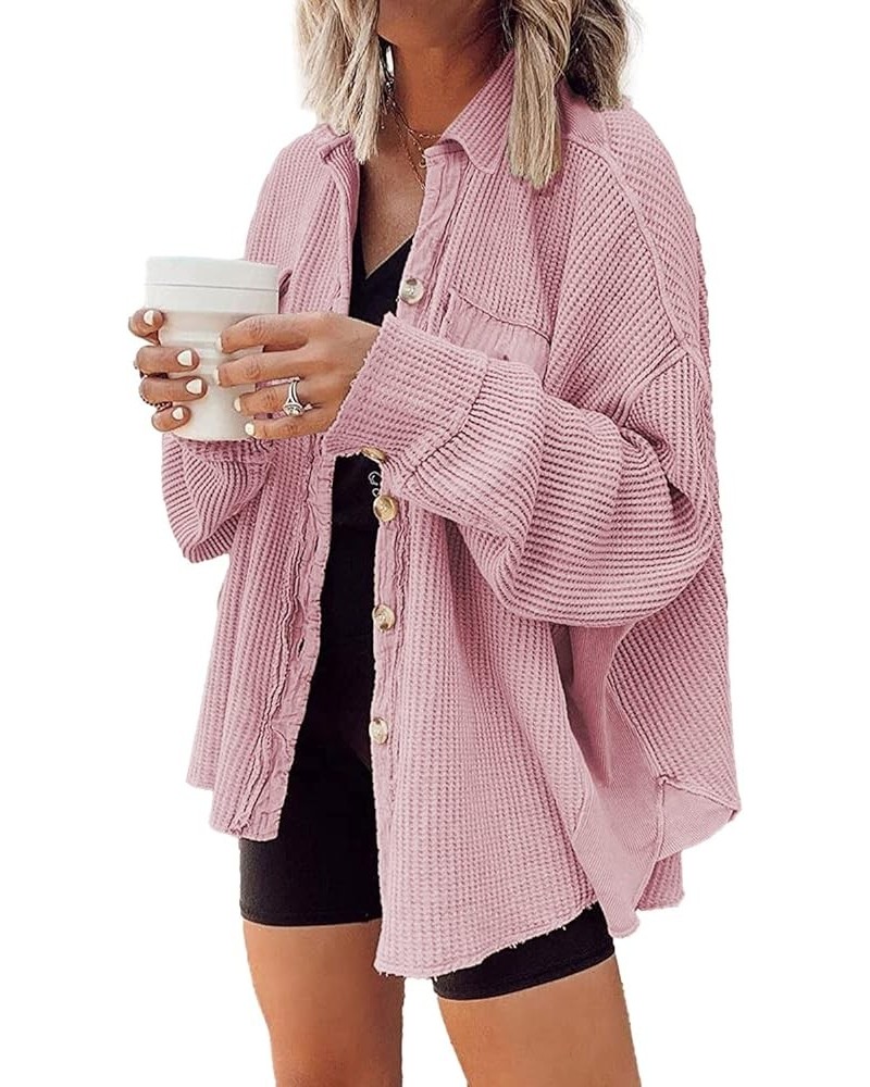 Womens Waffle Knit Shacket Oversized Button Down Shirt Jacket Lightweight Long Sleeve Tops with Pockets Dusty Pink $16.81 Jac...