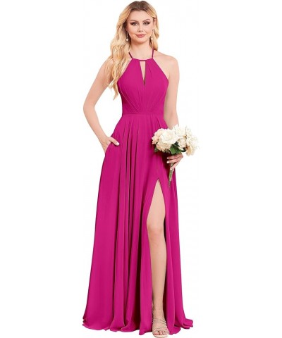 Women's Halter Chiffon Bridesmaid Dresses for Wedding Long A-Line Pleated Formal Dresses with Slit Hot Pink $26.40 Dresses