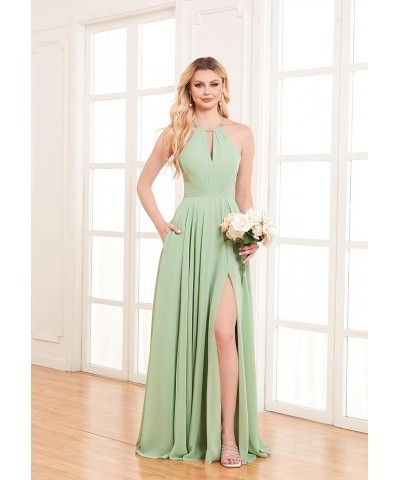 Women's Halter Chiffon Bridesmaid Dresses for Wedding Long A-Line Pleated Formal Dresses with Slit Hot Pink $26.40 Dresses