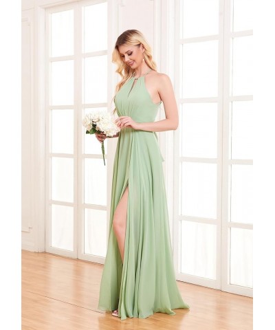 Women's Halter Chiffon Bridesmaid Dresses for Wedding Long A-Line Pleated Formal Dresses with Slit Hot Pink $26.40 Dresses