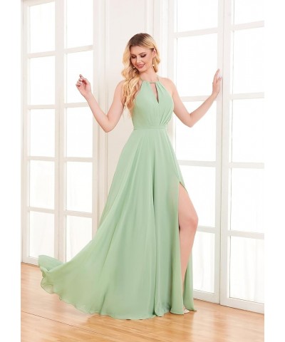 Women's Halter Chiffon Bridesmaid Dresses for Wedding Long A-Line Pleated Formal Dresses with Slit Hot Pink $26.40 Dresses