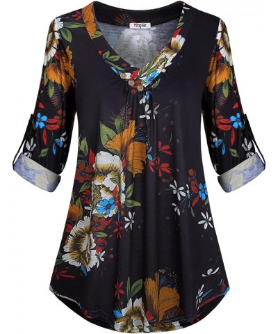 Women's Roll-up Long Sleeve Tunic Tops Solid/Stripe/Floral V Neck Casual Blouses Shirts Black Floral $12.90 Tops