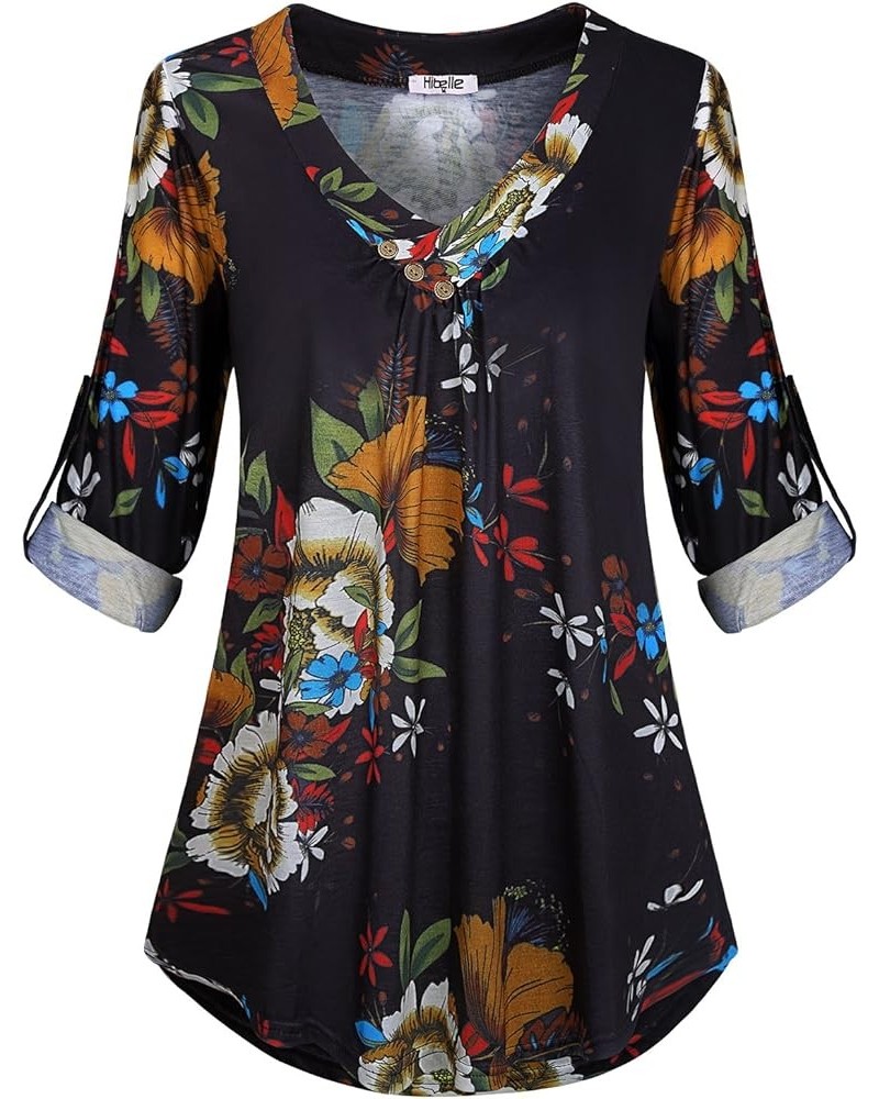 Women's Roll-up Long Sleeve Tunic Tops Solid/Stripe/Floral V Neck Casual Blouses Shirts Black Floral $12.90 Tops