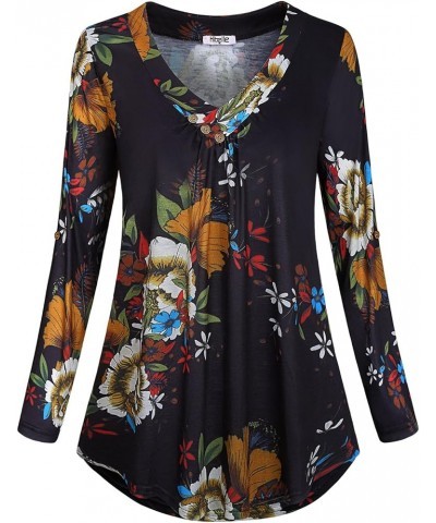 Women's Roll-up Long Sleeve Tunic Tops Solid/Stripe/Floral V Neck Casual Blouses Shirts Black Floral $12.90 Tops