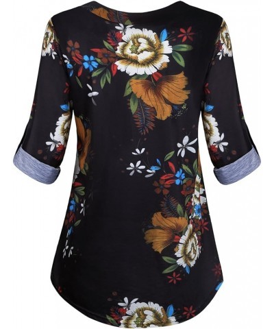 Women's Roll-up Long Sleeve Tunic Tops Solid/Stripe/Floral V Neck Casual Blouses Shirts Black Floral $12.90 Tops