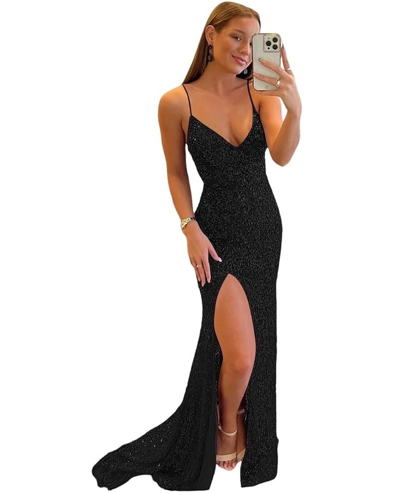 Sparkly Women's Spaghetti Strap Sequin Prom Dresses Long Tight High Slit Formal Evening Party Gown DI012 Z-black $31.20 Dresses