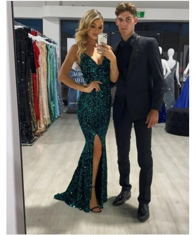 Sparkly Women's Spaghetti Strap Sequin Prom Dresses Long Tight High Slit Formal Evening Party Gown DI012 Z-black $31.20 Dresses