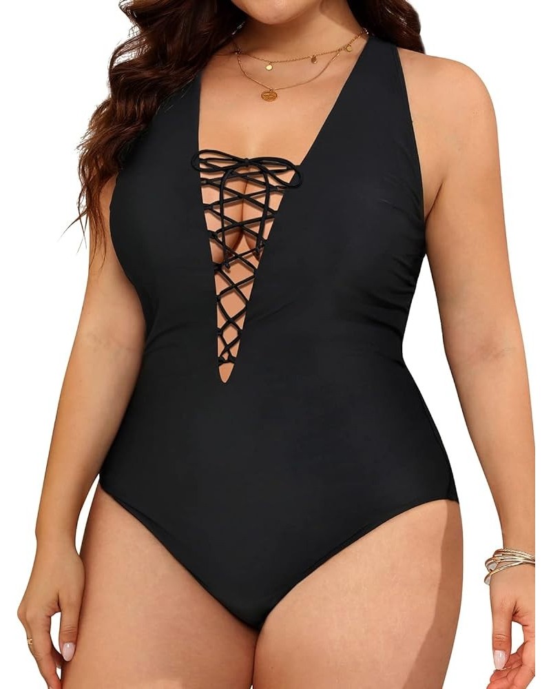 Plus Size Plunge One Piece Swimsuits for Women Sexy Bathing Suits Lace Up Swimwear Black 2 $19.32 Swimsuits