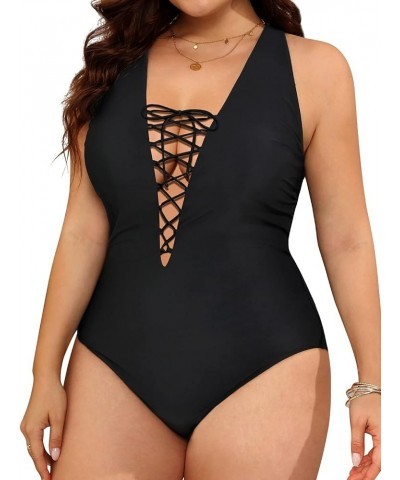 Plus Size Plunge One Piece Swimsuits for Women Sexy Bathing Suits Lace Up Swimwear Black 2 $19.32 Swimsuits